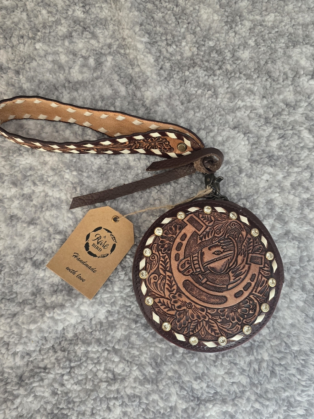 NWT A Rare Bird Leather Tooled Horseshoe Wristlet - Brown